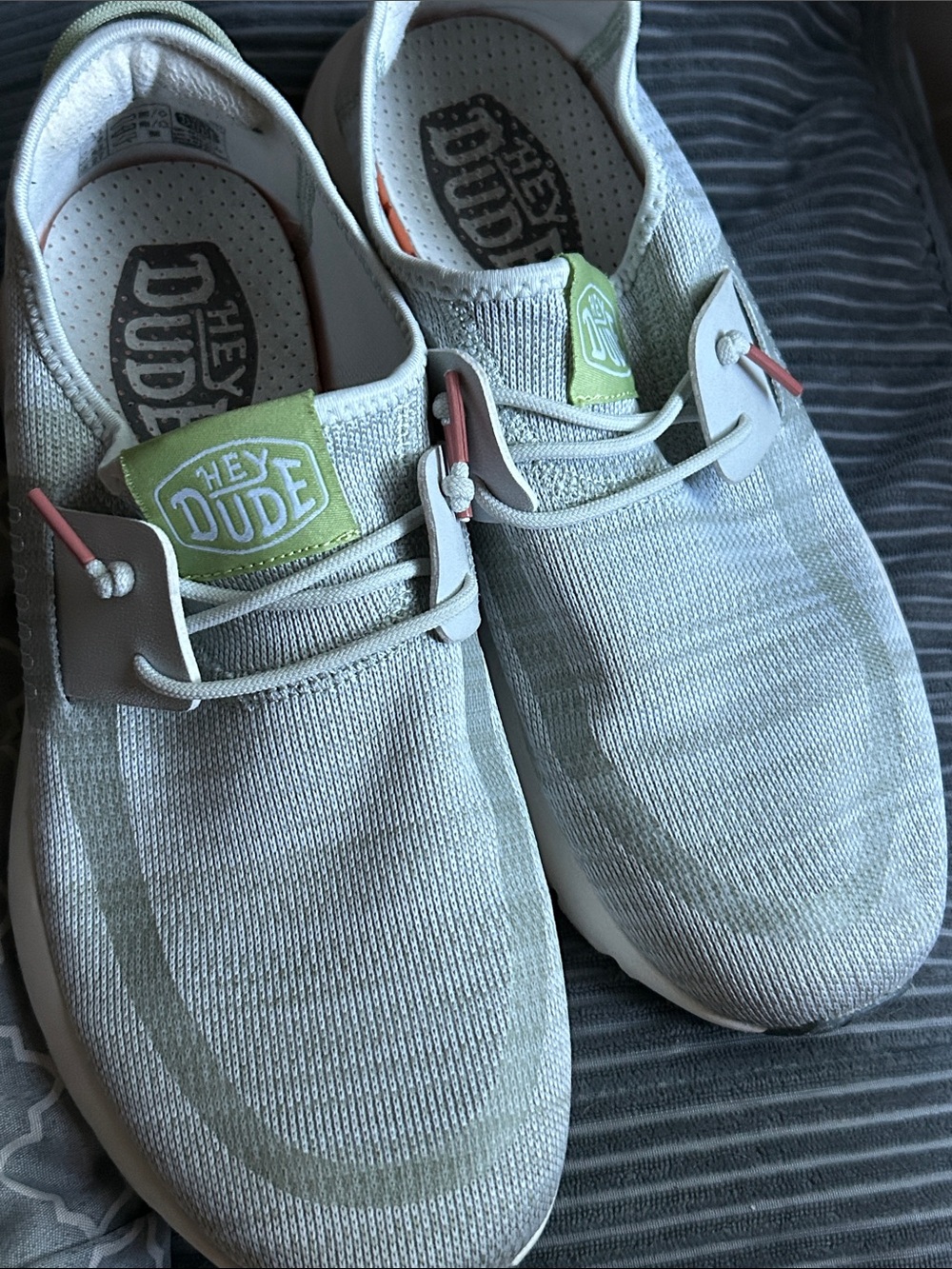 Hey Dude Men's Light Gray Knit Slip-On Sneakers with Green Tongue Accents
